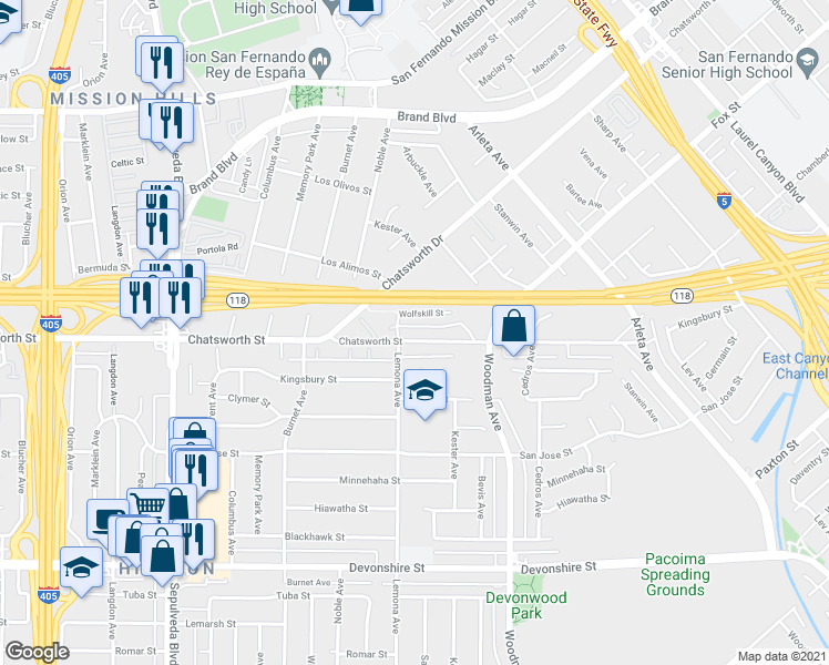 map of restaurants, bars, coffee shops, grocery stores, and more near 14945 Chatsworth Street in Los Angeles