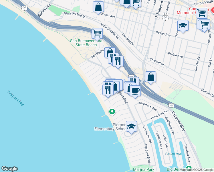 map of restaurants, bars, coffee shops, grocery stores, and more near 1048 Dover Lane in Ventura