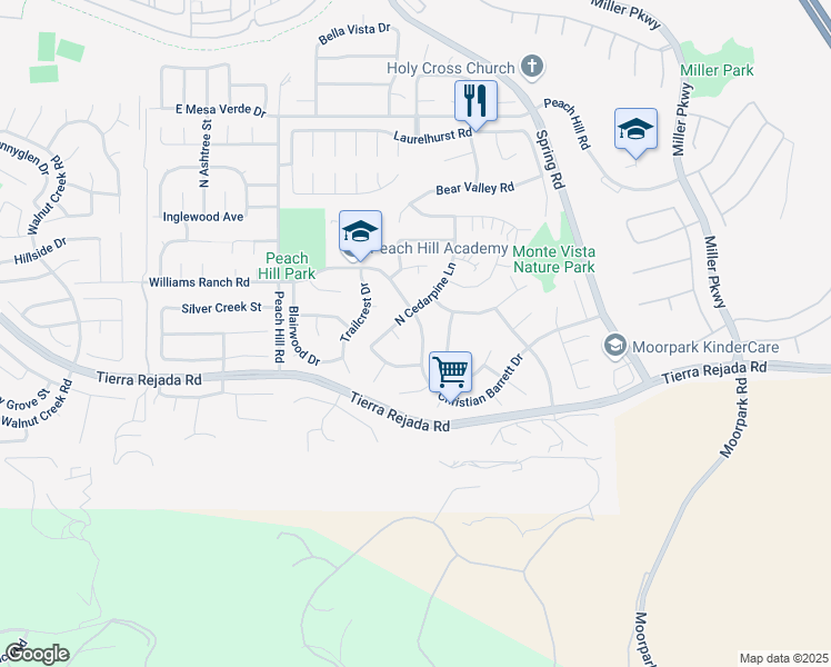 map of restaurants, bars, coffee shops, grocery stores, and more near 13536 Christian Barrett Drive in Moorpark