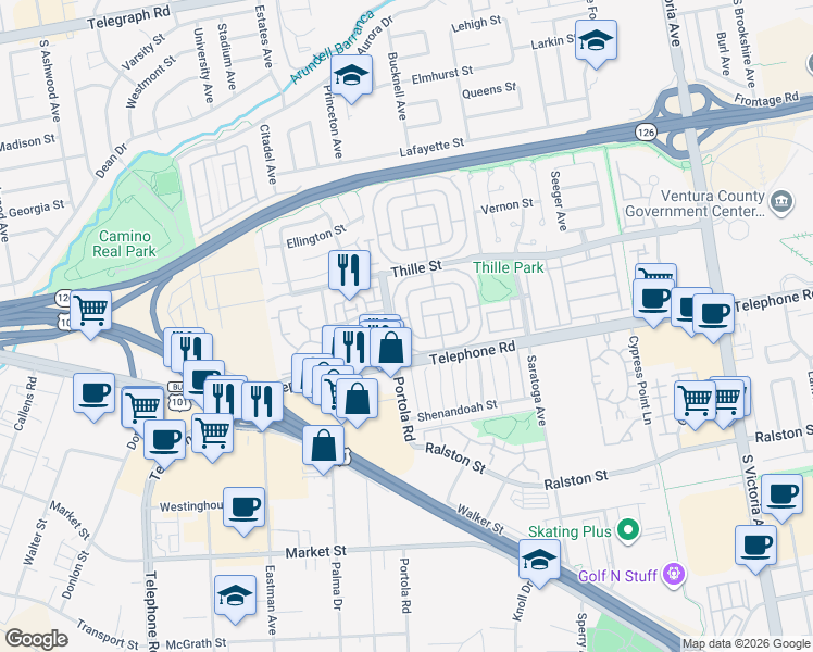 map of restaurants, bars, coffee shops, grocery stores, and more near 103 Gay Drive in Ventura