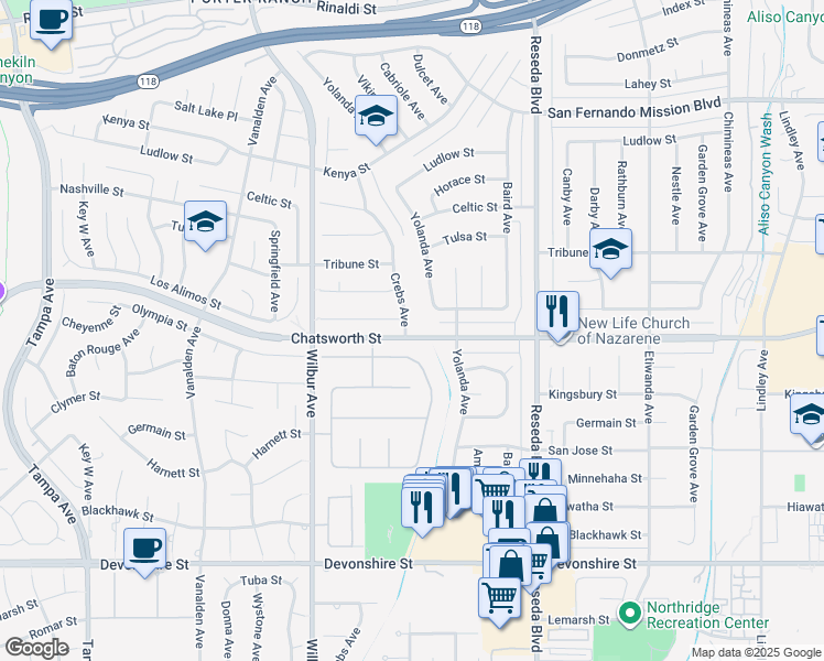 map of restaurants, bars, coffee shops, grocery stores, and more near 10700 Crebs Avenue in Los Angeles