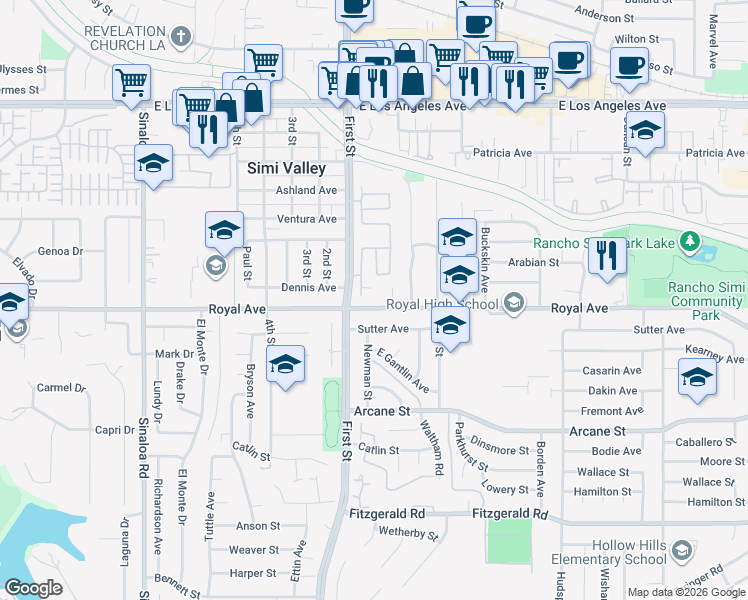 map of restaurants, bars, coffee shops, grocery stores, and more near 1157 Royal Avenue in Simi Valley