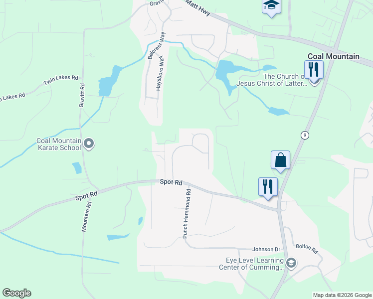 map of restaurants, bars, coffee shops, grocery stores, and more near 3160 Blackburn Dr in Cumming