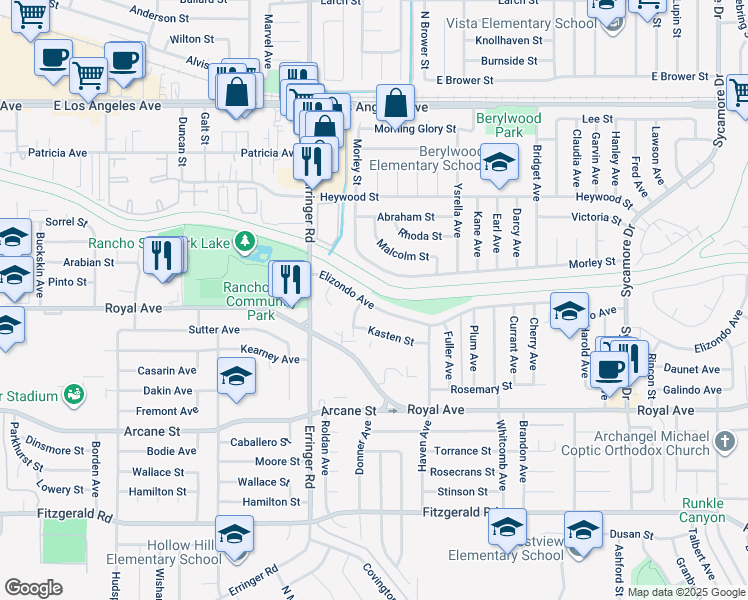 map of restaurants, bars, coffee shops, grocery stores, and more near 2019 Elizondo Avenue in Simi Valley