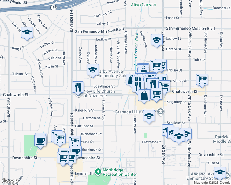 map of restaurants, bars, coffee shops, grocery stores, and more near 18216 Chatsworth Street in Los Angeles