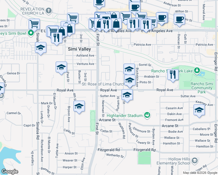 map of restaurants, bars, coffee shops, grocery stores, and more near 1425 Clayton Way in Simi Valley