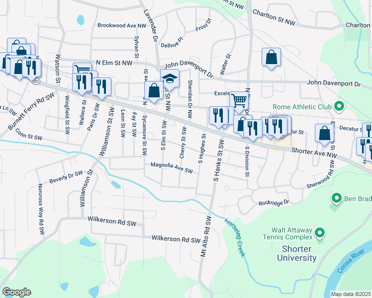 map of restaurants, bars, coffee shops, grocery stores, and more near 101 Cherry Street Southwest in Rome