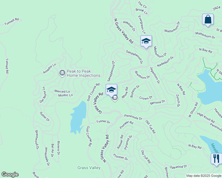 map of restaurants, bars, coffee shops, grocery stores, and more near 825 Grass Valley Road in Lake Arrowhead