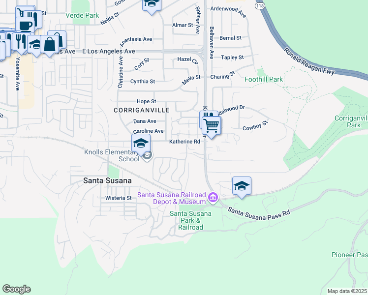 map of restaurants, bars, coffee shops, grocery stores, and more near 6502 Katherine Road in Simi Valley