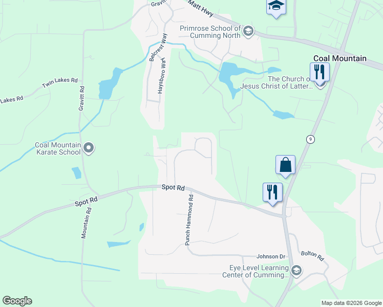 map of restaurants, bars, coffee shops, grocery stores, and more near 3170 Blackburn Drive in Cumming