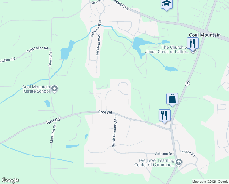 map of restaurants, bars, coffee shops, grocery stores, and more near 3160 Blackburn Drive in Cumming