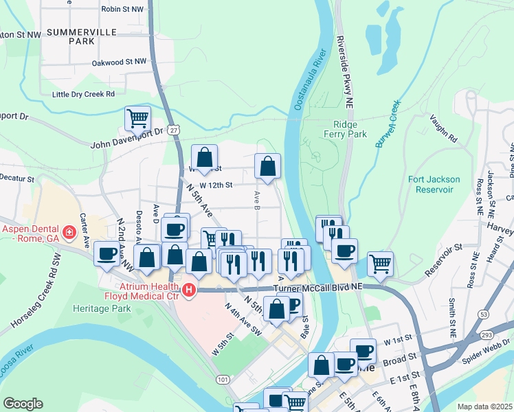 map of restaurants, bars, coffee shops, grocery stores, and more near 606 West 11th Street in Rome