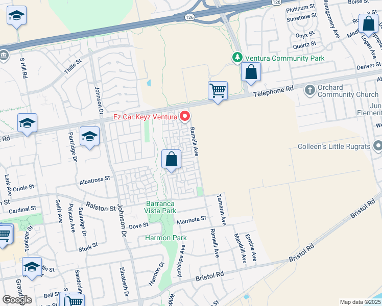 map of restaurants, bars, coffee shops, grocery stores, and more near 1453 Iguana Circle in Ventura