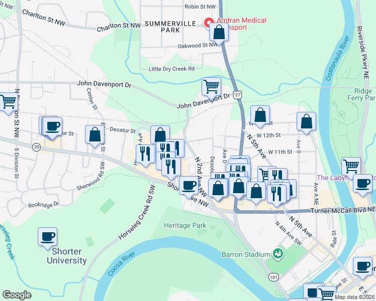 map of restaurants, bars, coffee shops, grocery stores, and more near 1105 North 2nd Avenue Northwest in Rome