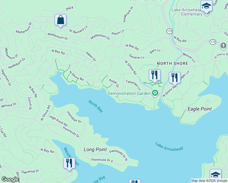 map of restaurants, bars, coffee shops, grocery stores, and more near 28025 North Shore Road in Lake Arrowhead