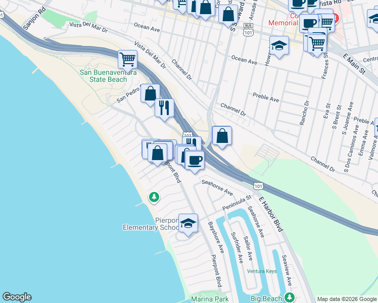 map of restaurants, bars, coffee shops, grocery stores, and more near E Harbor Blvd & S Seaward Ave in Ventura