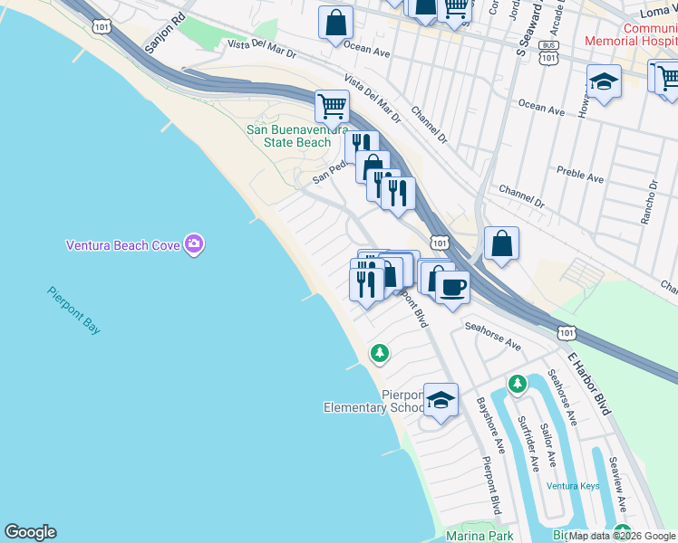 map of restaurants, bars, coffee shops, grocery stores, and more near 1090 Bangor Lane in Ventura