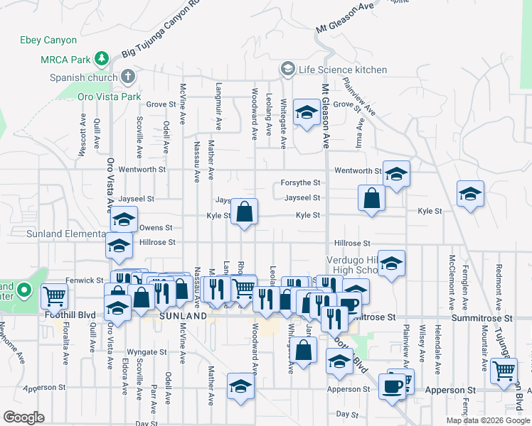 map of restaurants, bars, coffee shops, grocery stores, and more near 7947 Kyle Street in Los Angeles