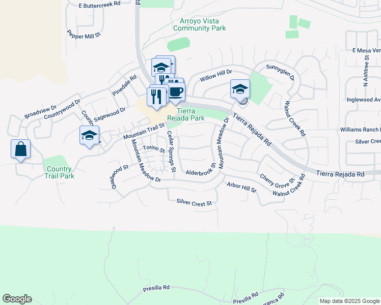 map of restaurants, bars, coffee shops, grocery stores, and more near 11950 Bubbling Brook Street in Moorpark