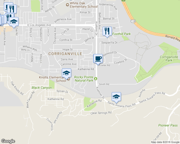 map of restaurants, bars, coffee shops, grocery stores, and more near 6502 Katherine Road in Simi Valley