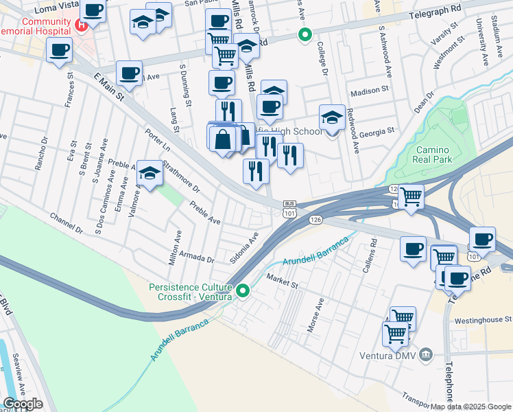 map of restaurants, bars, coffee shops, grocery stores, and more near 3440e East Main Street in Ventura