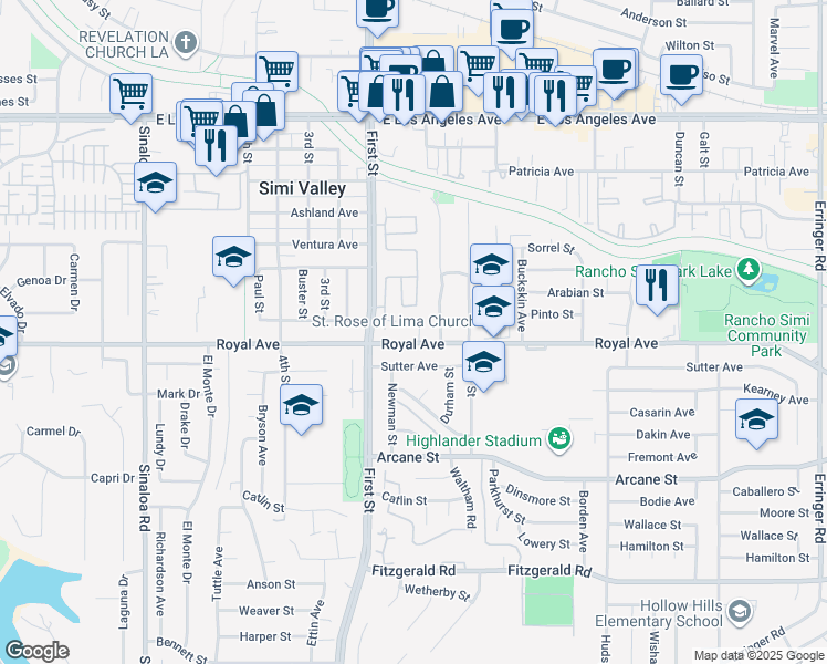 map of restaurants, bars, coffee shops, grocery stores, and more near 1425 Clayton Way in Simi Valley