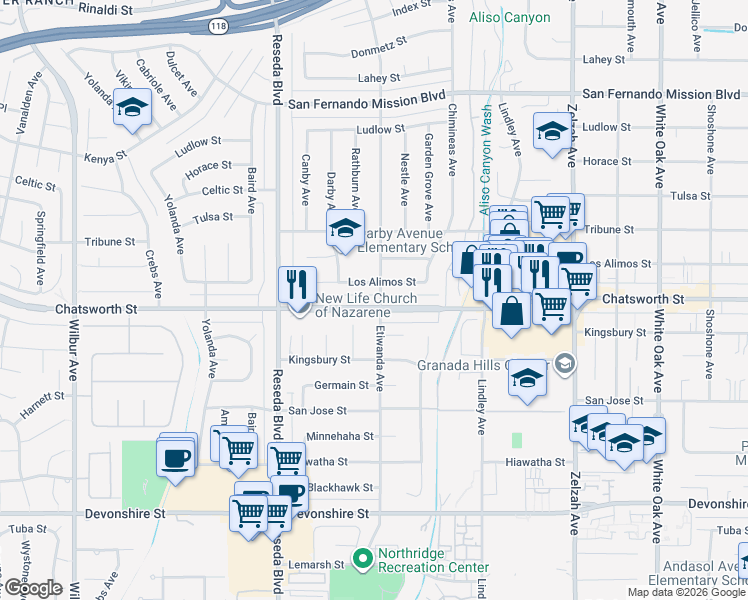 map of restaurants, bars, coffee shops, grocery stores, and more near 18259 Chatsworth Street in Los Angeles