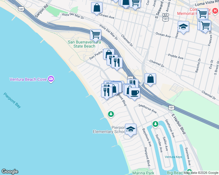 map of restaurants, bars, coffee shops, grocery stores, and more near 1033 Bath Lane in Ventura