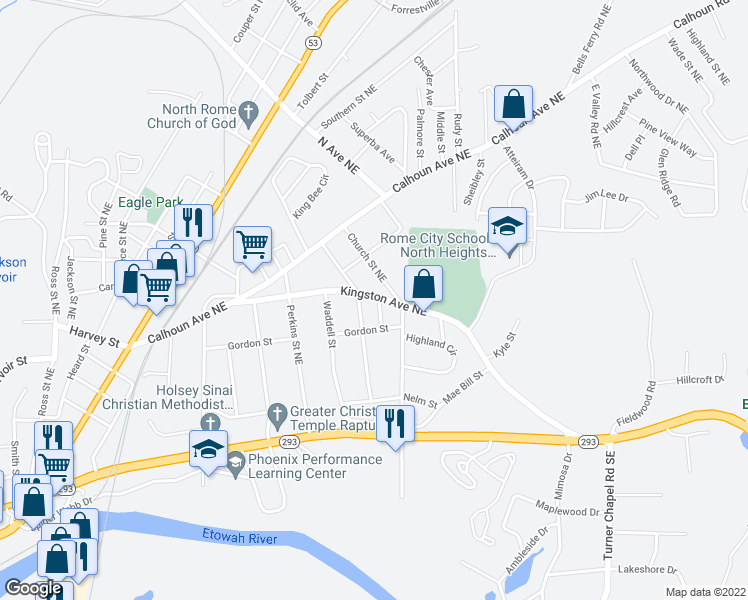 map of restaurants, bars, coffee shops, grocery stores, and more near 504 Kingston Avenue Northeast in Rome