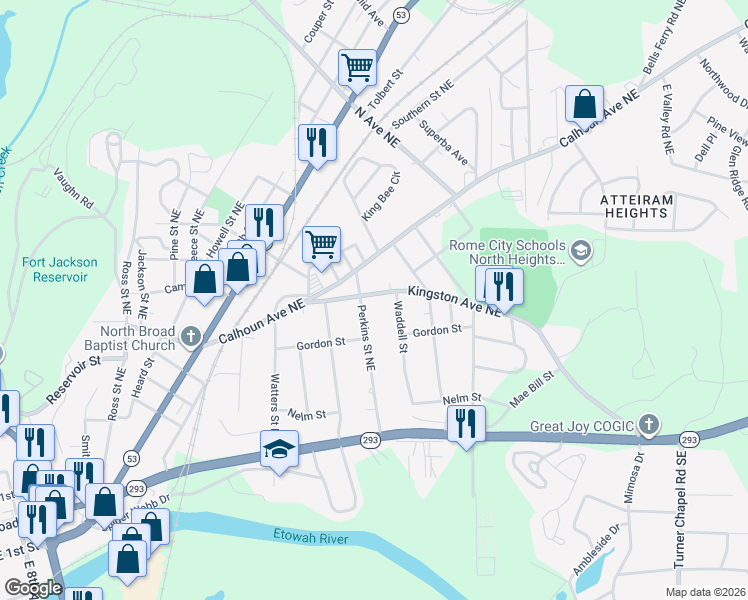 map of restaurants, bars, coffee shops, grocery stores, and more near 302 Kingston Avenue Northeast in Rome