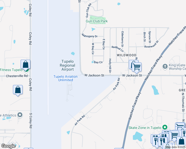 map of restaurants, bars, coffee shops, grocery stores, and more near 2778 West Jackson Street in Tupelo