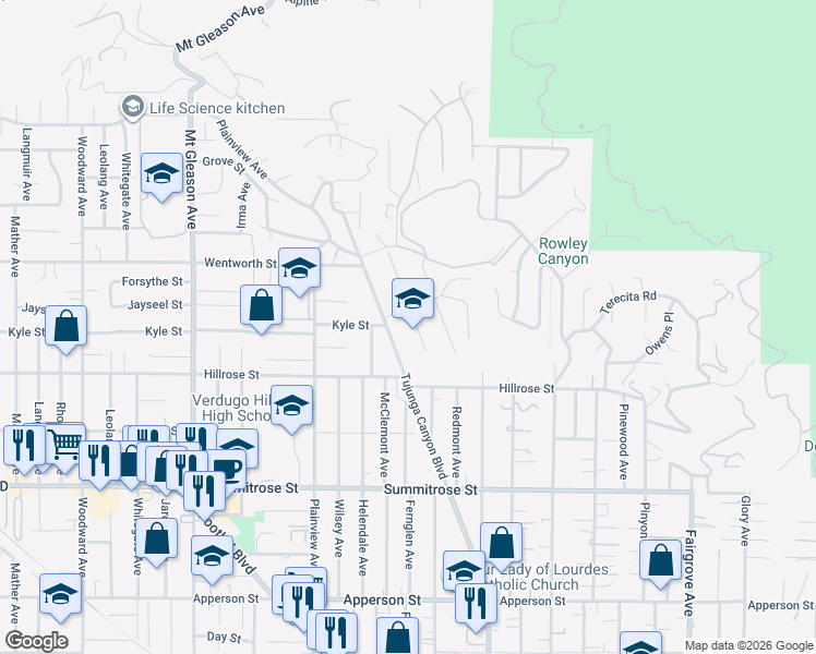 map of restaurants, bars, coffee shops, grocery stores, and more near 10777 Mountair Avenue in Los Angeles