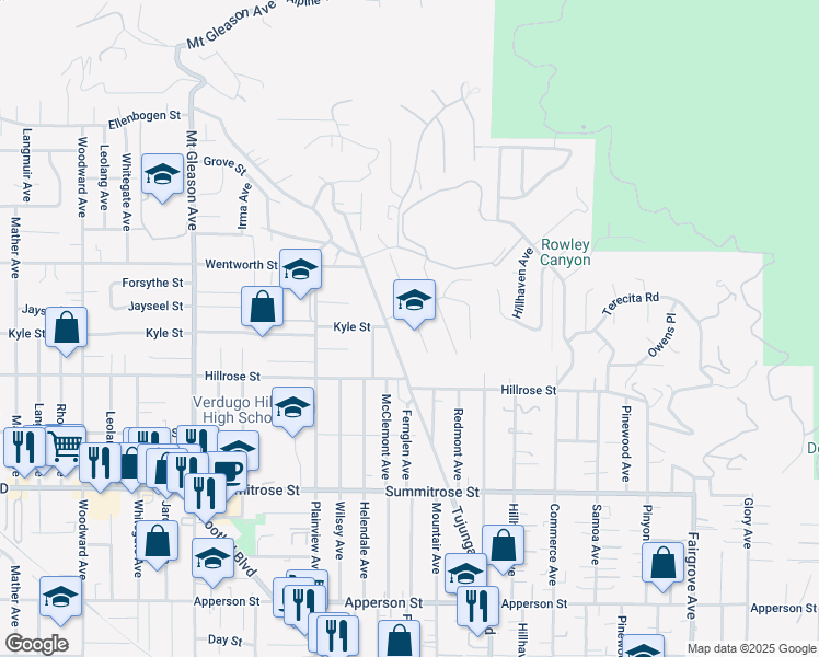 map of restaurants, bars, coffee shops, grocery stores, and more near 10777 Mountair Avenue in Los Angeles