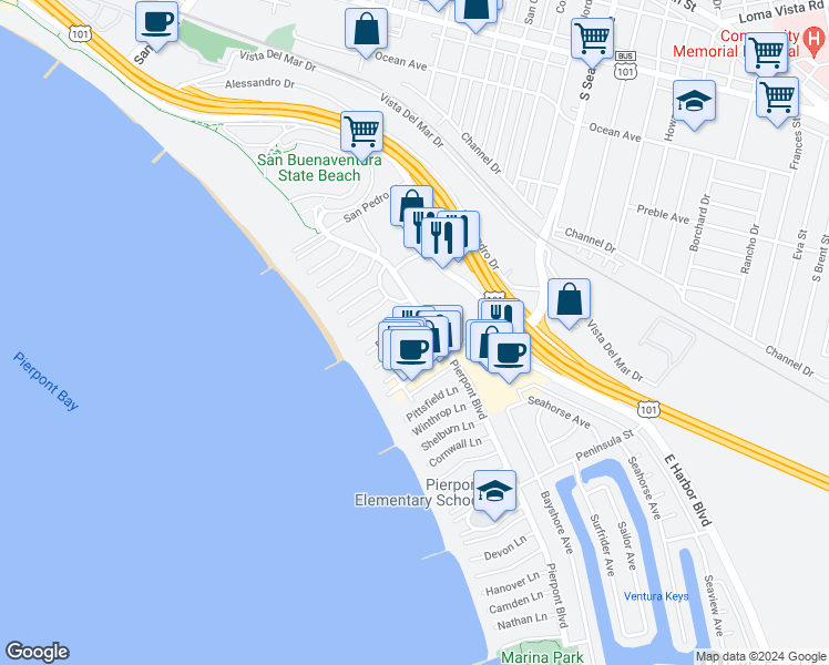 map of restaurants, bars, coffee shops, grocery stores, and more near 1033 Bath Lane in Ventura