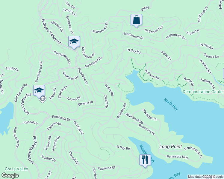 map of restaurants, bars, coffee shops, grocery stores, and more near 27522 North Bay Road in Lake Arrowhead