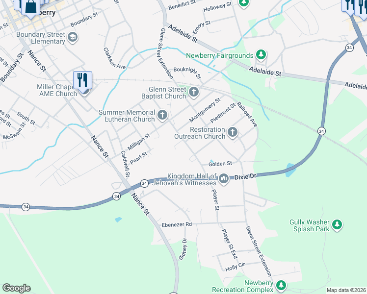 map of restaurants, bars, coffee shops, grocery stores, and more near 91 Player Street in Newberry