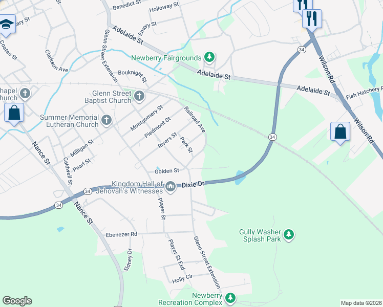 map of restaurants, bars, coffee shops, grocery stores, and more near 50 Glenn Street in Newberry