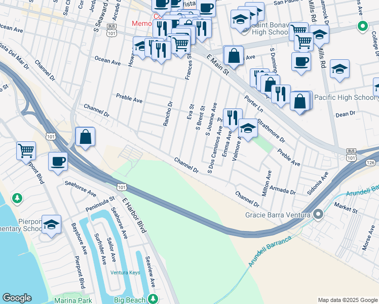 map of restaurants, bars, coffee shops, grocery stores, and more near 561 South Brent Street in Ventura