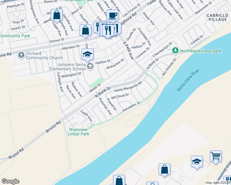 map of restaurants, bars, coffee shops, grocery stores, and more near 8984 Santa Margarita Road in Ventura