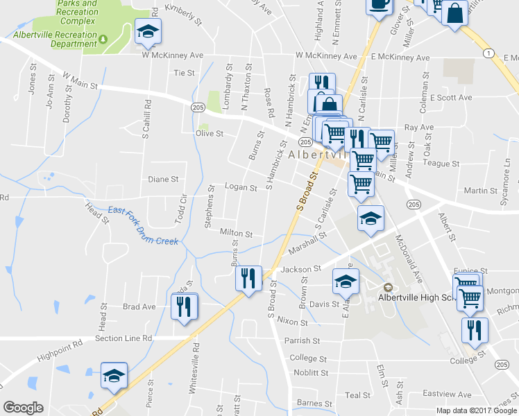 map of restaurants, bars, coffee shops, grocery stores, and more near 409 South Hambrick Street in Albertville
