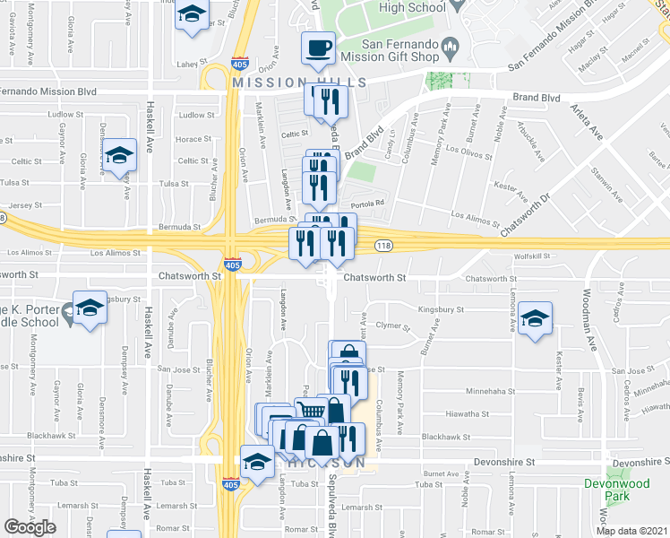 map of restaurants, bars, coffee shops, grocery stores, and more near 10710 Sepulveda Blvd in Los Angeles