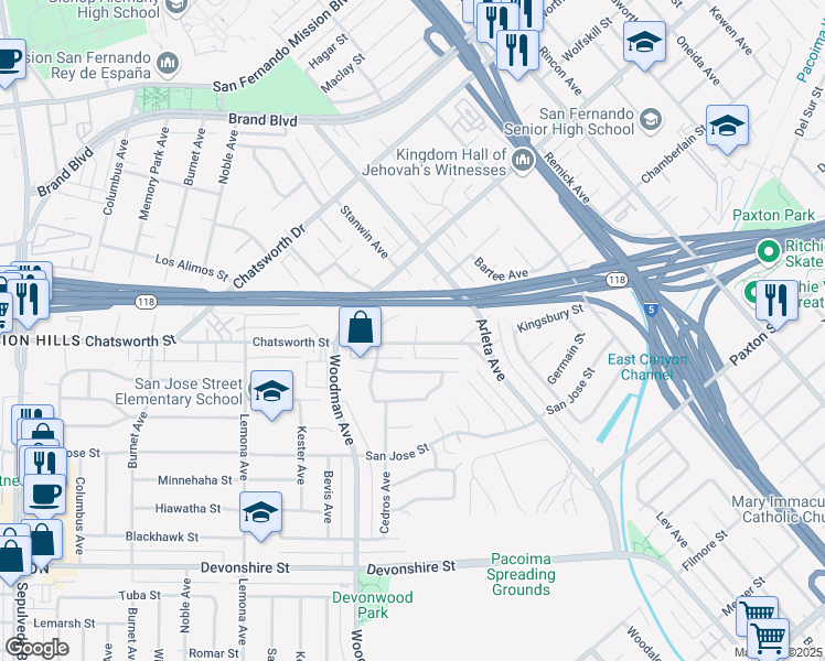 map of restaurants, bars, coffee shops, grocery stores, and more near 2 Chatsworth Street in Los Angeles