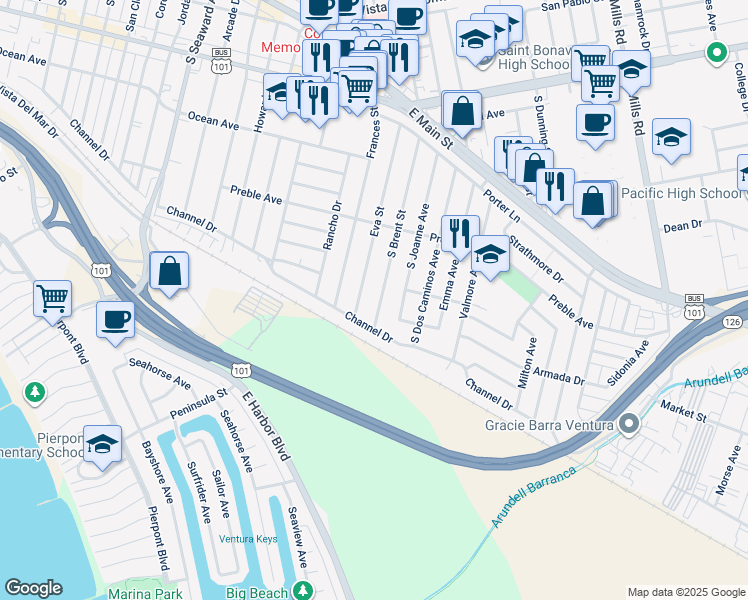 map of restaurants, bars, coffee shops, grocery stores, and more near 561 South Brent Street in Ventura
