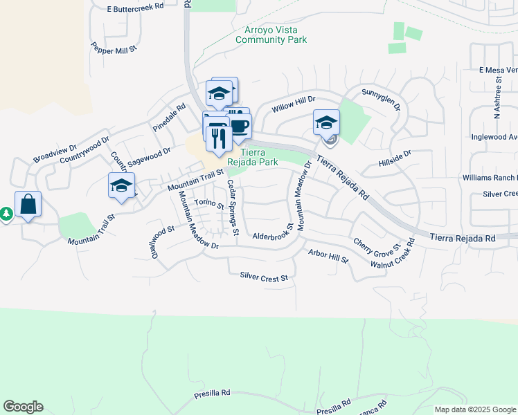 map of restaurants, bars, coffee shops, grocery stores, and more near 11950 Bubbling Brook Street in Moorpark