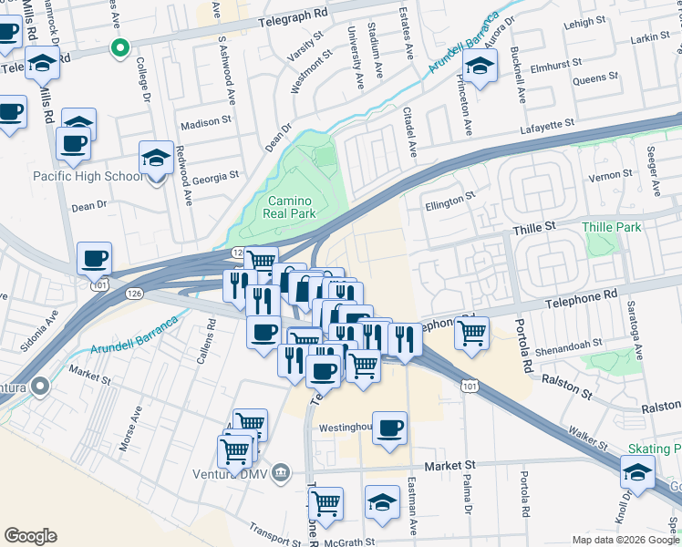 map of restaurants, bars, coffee shops, grocery stores, and more near 72 Victor Herbert Drive in Ventura