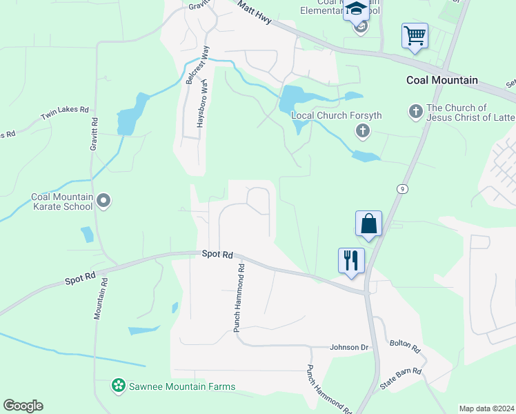 map of restaurants, bars, coffee shops, grocery stores, and more near 3235 Blackburn Drive in Cumming