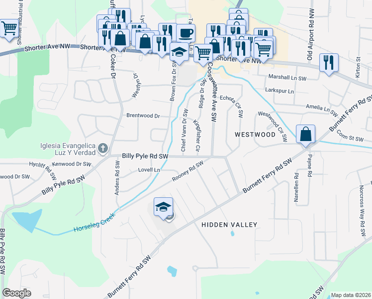 map of restaurants, bars, coffee shops, grocery stores, and more near 120 Chief Vann Drive Southwest in Rome