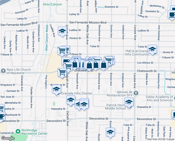 map of restaurants, bars, coffee shops, grocery stores, and more near White Oak Ave & Chatsworth St in Los Angeles
