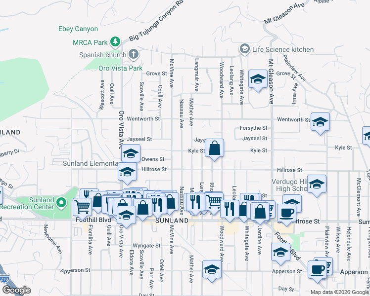map of restaurants, bars, coffee shops, grocery stores, and more near 10754 Nassau Avenue in Los Angeles