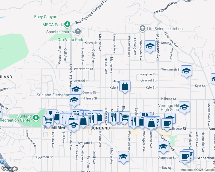 map of restaurants, bars, coffee shops, grocery stores, and more near 10754 Nassau Avenue in Los Angeles